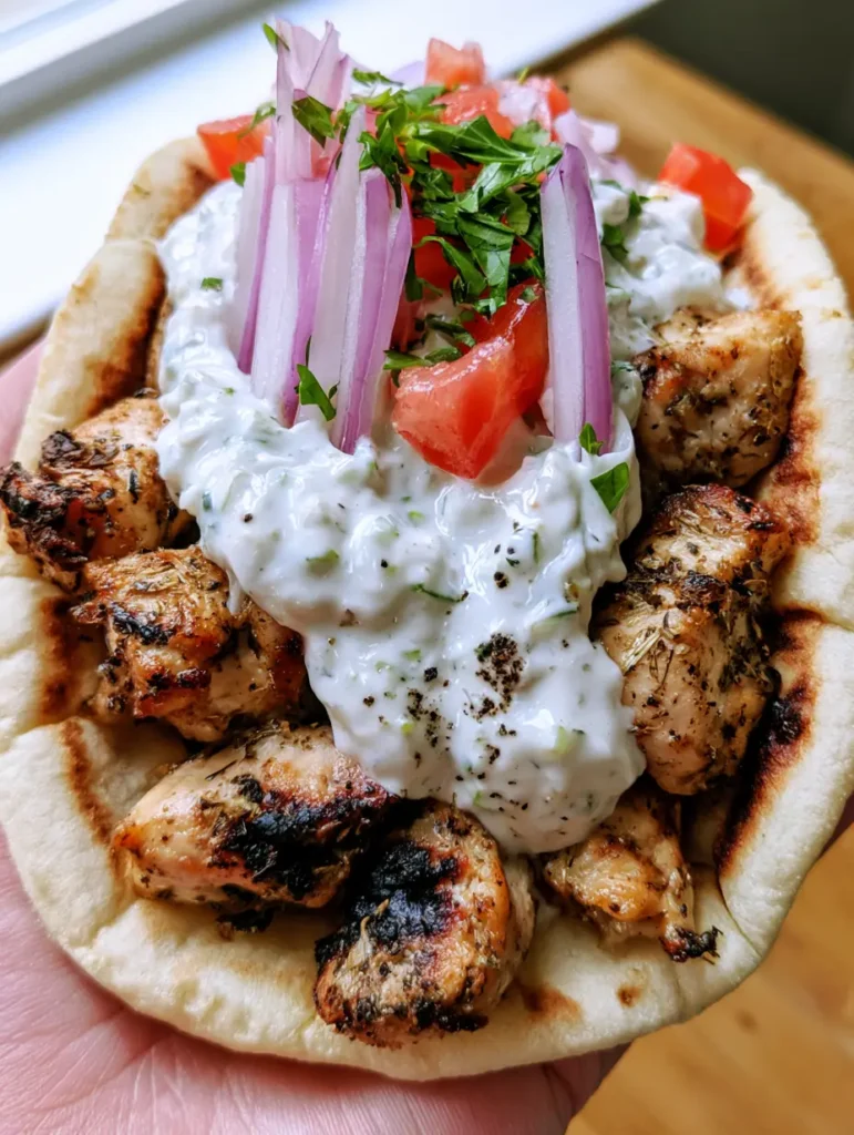 Greek Chicken Gyros with Creamy Tzatziki and Charred Pita 1 Close-up of Greek chicken gyros filling featuring herb-seasoned grilled chicken breast, diced tomatoes, and red onion slivers.