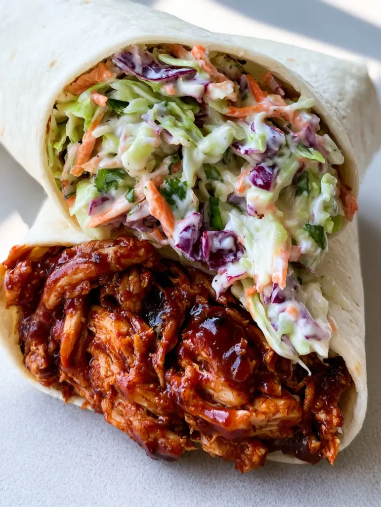 Handheld photo of BBQ Chicken Coleslaw Wraps showing the tightly rolled flour tortilla and creamy dressing.