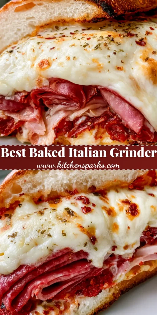 Baked Italian Grinder: The Ultimate Crispy, Melty Deli Classic 4 A close-up of a Baked Italian Grinder sliced diagonally on a white plate, featuring melted bubbly mozzarella and folded Italian meats.