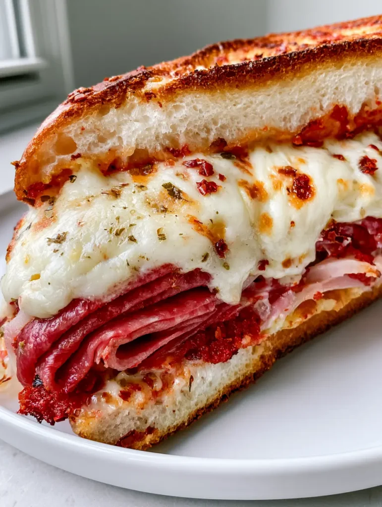 Baked Italian Grinder: The Ultimate Crispy, Melty Deli Classic 2 Extreme close-up of the golden-brown toasted hoagie roll and melted mozzarella spots on a Baked Italian Grinder.