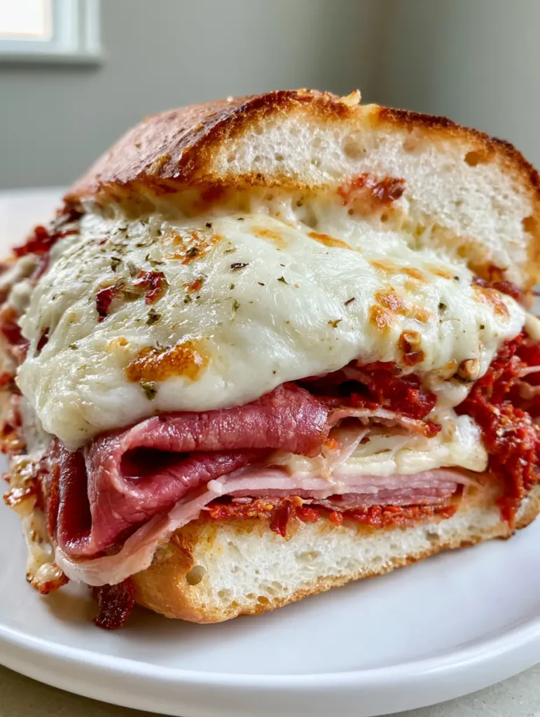 Baked Italian Grinder: The Ultimate Crispy, Melty Deli Classic 1 A diagonal cross-section of the Baked Italian Grinder showing the layers of salami, ham, and pepperoni under melted cheese.