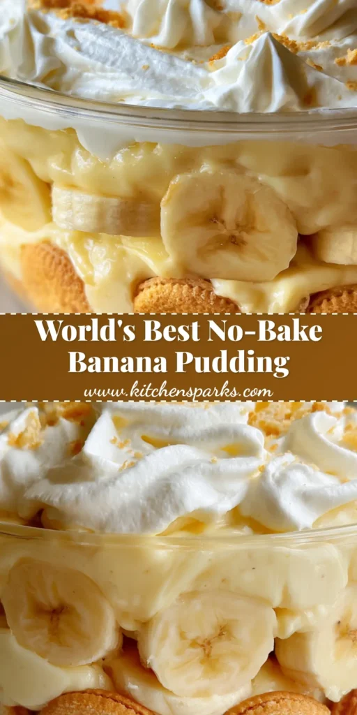 A clear glass dish containing layered No Bake Banana Pudding with thick banana slices and soft whipped cream peaks.