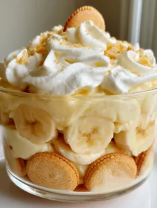 Close up of No Bake Banana Pudding showing the golden vanilla wafers and dense creamy custard layers.