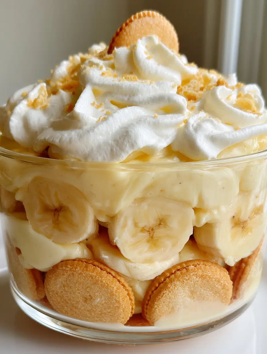 Close up of No Bake Banana Pudding showing the golden vanilla wafers and dense creamy custard layers.