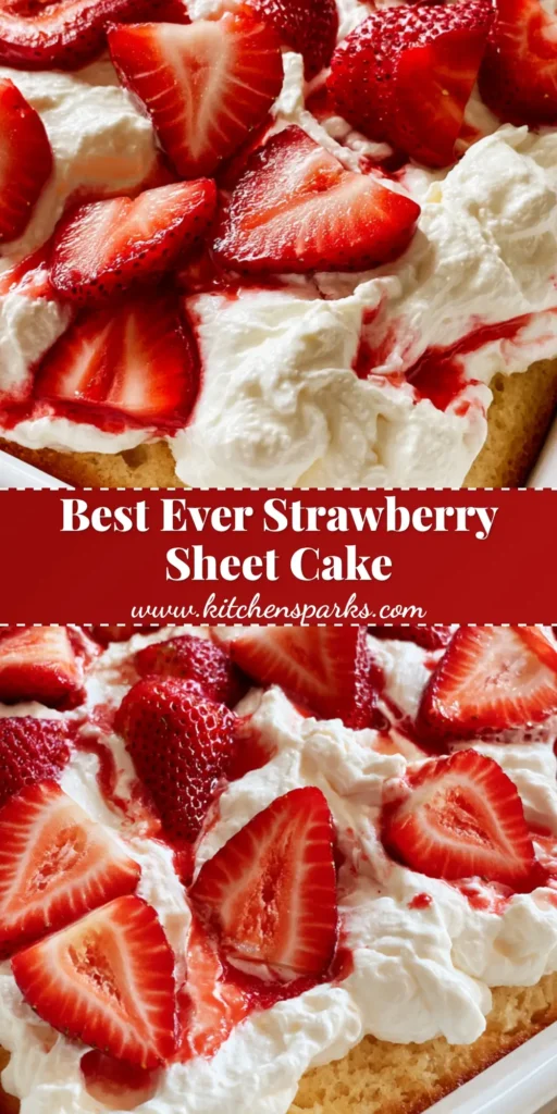 A handheld smartphone photo of a Strawberry Shortcake Sheet Cake in a white ceramic dish, topped with billowy cream and sliced berries.