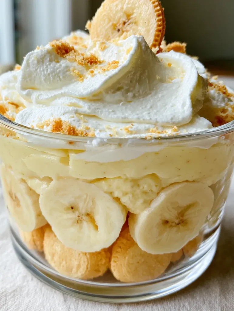Top view of No Bake Banana Pudding with whipped cream soft peaks and cookie crumb garnish.