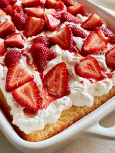 Close up of Strawberry Shortcake Sheet Cake showing the golden sponge and billowy white whipped cream frosting.