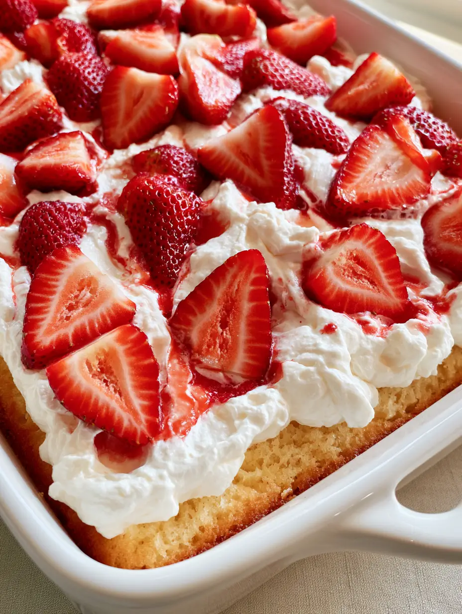 Close up of Strawberry Shortcake Sheet Cake showing the golden sponge and billowy white whipped cream frosting.