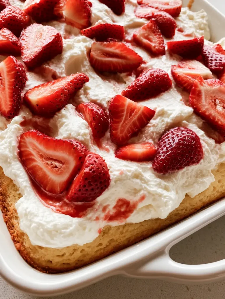 Top view of Strawberry Shortcake Sheet Cake with vertically sliced strawberries and juice swirls in the cream.