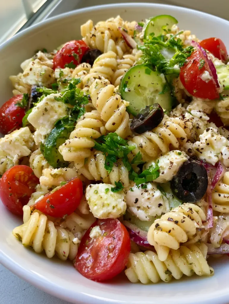 Authentic Mediterranean Pasta Salad in a white bowl showing sliced kalamata olives and red onions.