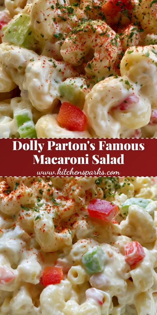A close-up vertical shot of creamy Dolly Parton Macaroni Salad in a white bowl, featuring vibrant peppers and a dusting of paprika.