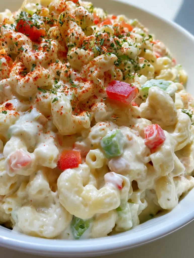 Authentic handheld smartphone photo of Dolly Parton Macaroni Salad with glossy dressing and uniform vegetable dice.