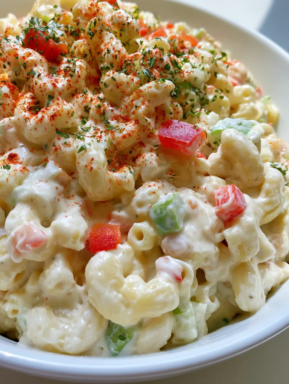 Authentic handheld smartphone photo of Dolly Parton Macaroni Salad with glossy dressing and uniform vegetable dice.