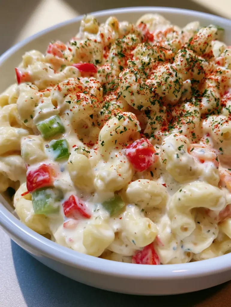 Top-down view of Dolly Parton Macaroni Salad in a simple white ceramic bowl showing the vibrant green and red peppers.