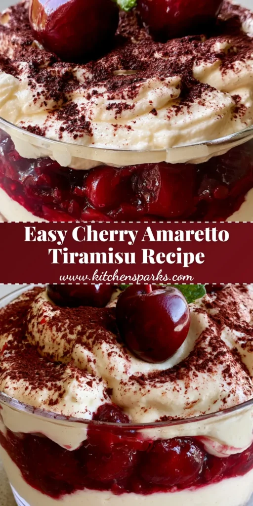 Cherry Amaretto Tiramisu: A Decadent Italian-Inspired Layered Dessert 4 A clear glass bowl showcasing layers of espresso ladyfingers, ivory mascarpone cream, and dark red cherry compote, topped with cocoa powder, fresh cherries with stems, and mint. (Cherry Amaretto Tiramisu)