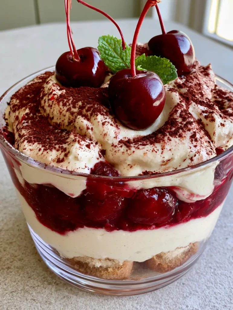 Home 6 A handheld smartphone photo showing a side view of Cherry Amaretto Tiramisu layers in a glass bowl. (Cherry Amaretto Tiramisu)