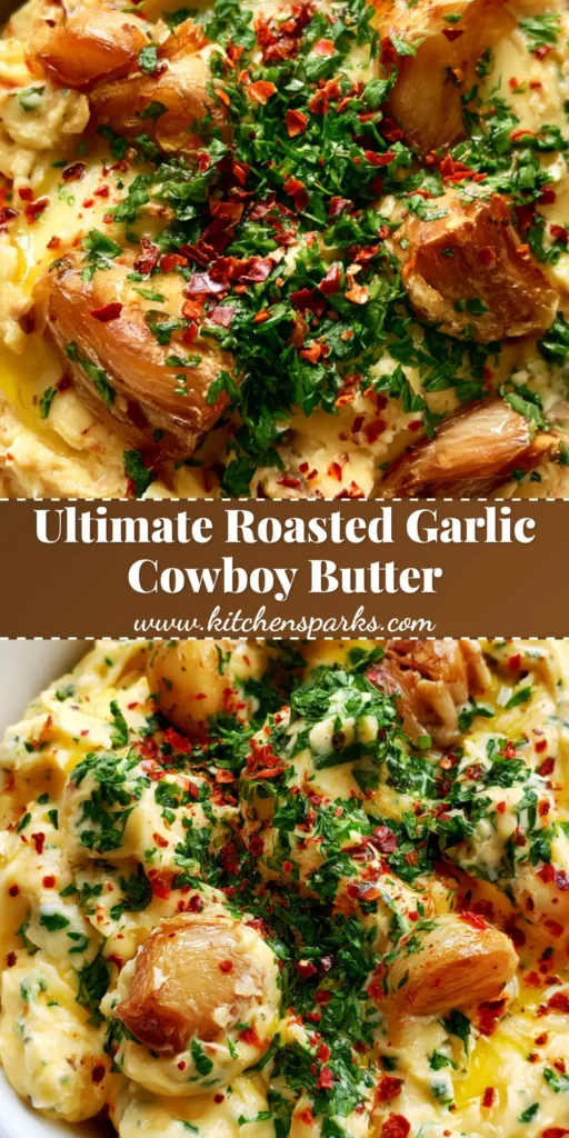 A small white bowl of Roasted Garlic Cowboy Butter with caramelized garlic cloves and fresh green parsley on a grey surface.