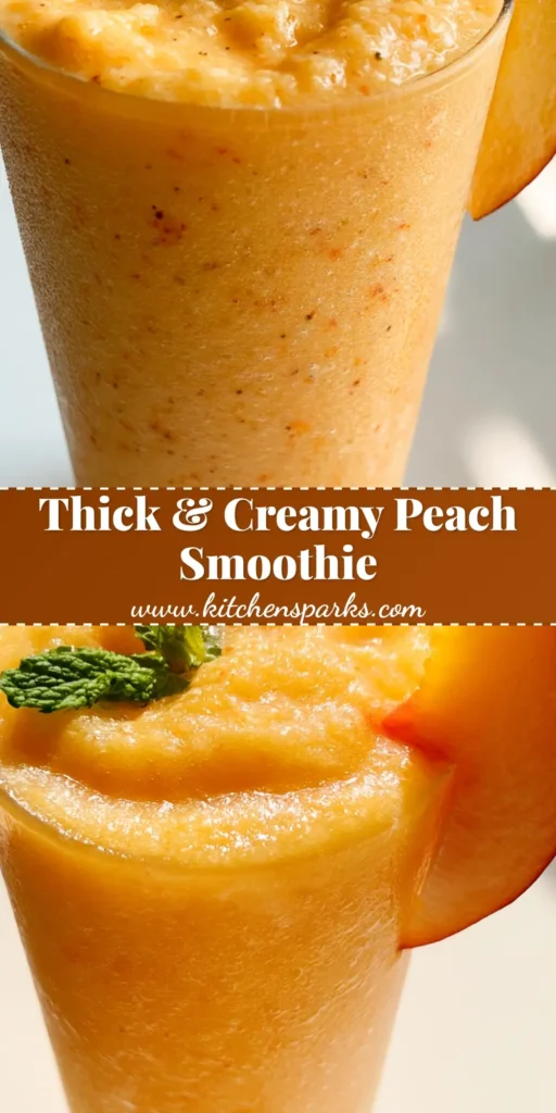 Peach Smoothie With Frozen Peaches: The Ultimate Creamy Breakfast Guide 4 A tall glass filled to the brim with a thick, pale orange Peach Smoothie With Frozen Peaches, garnished with a peach slice and mint.
