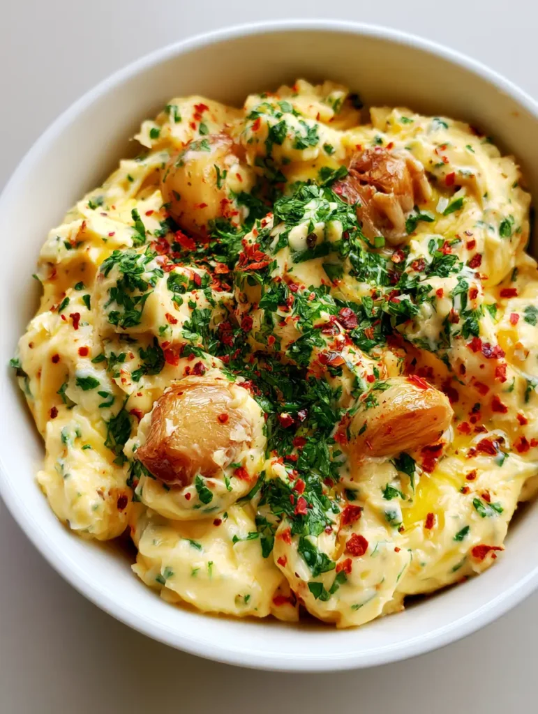 Handheld smartphone photo of Roasted Garlic Cowboy Butter showing matte texture and vibrant red chili flakes.