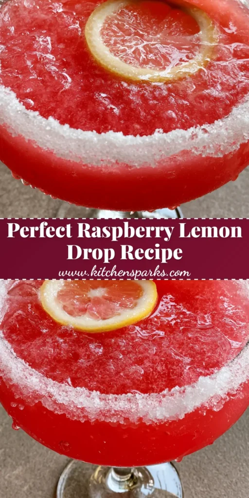 A top-down view of a Raspberry Lemon Drop Cocktail with a thick sugar rim, floating lemon wheel, and raspberry skewer on a grey stone surface.