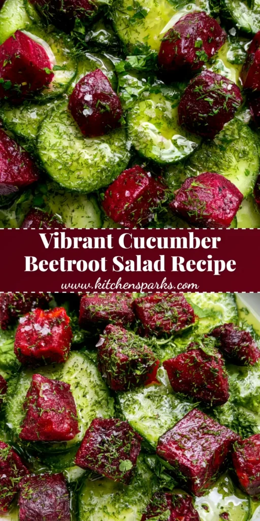 Cucumber Beetroot Salad with a Translucent Green Herb Vinaigrette 4 A top-down Pinterest-style shot of a Cucumber Beetroot Salad in a white ceramic bowl on a grey countertop. (Cucumber Beetroot Salad)
