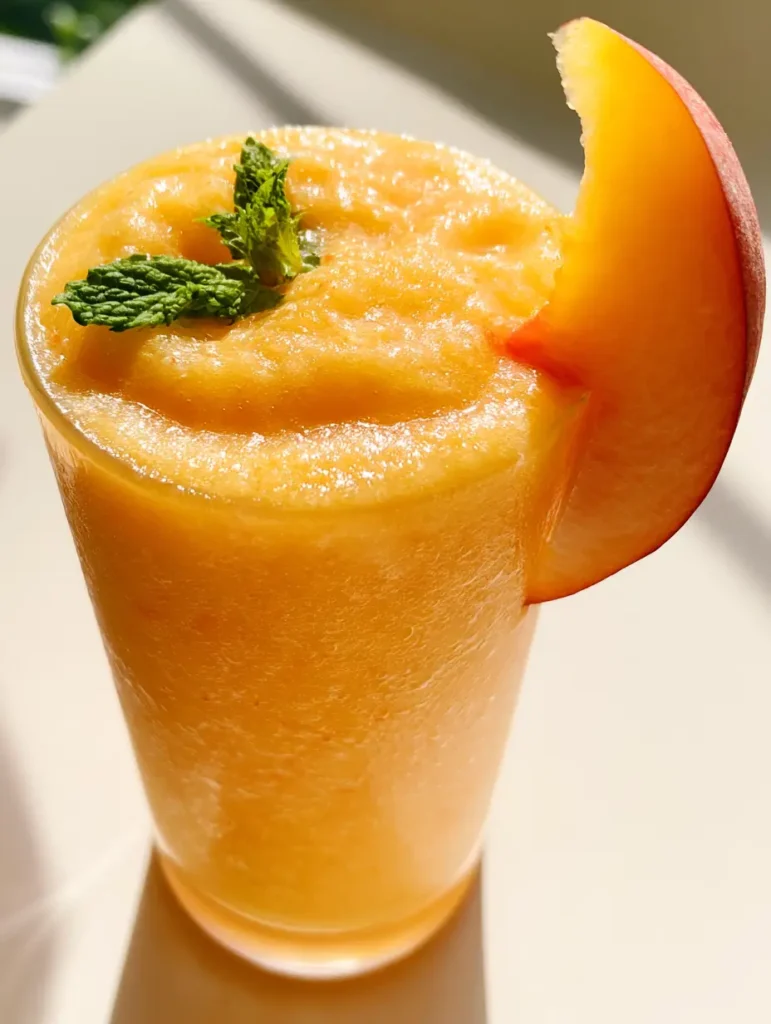 Close up of a dense, pale orange Peach Smoothie With Frozen Peaches in a cylindrical glass against a neutral background.