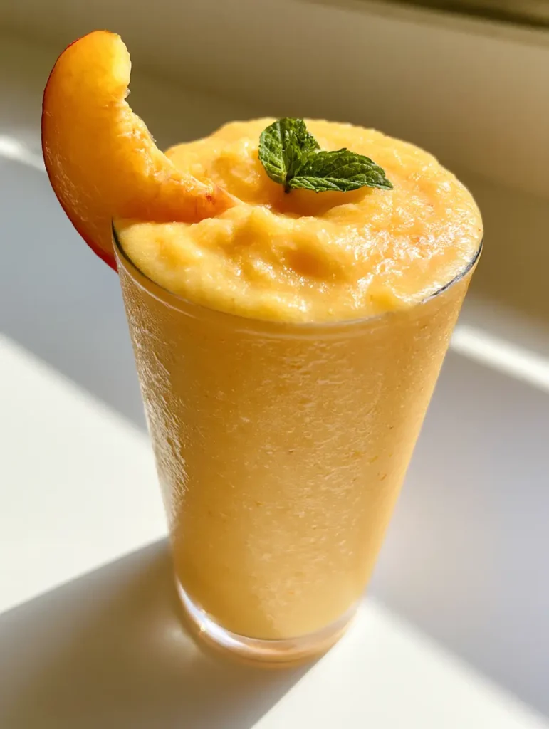Peach Smoothie With Frozen Peaches: The Ultimate Creamy Breakfast Guide 1 Handheld smartphone photo of a Peach Smoothie With Frozen Peaches showing the fresh peach slice rim garnish.