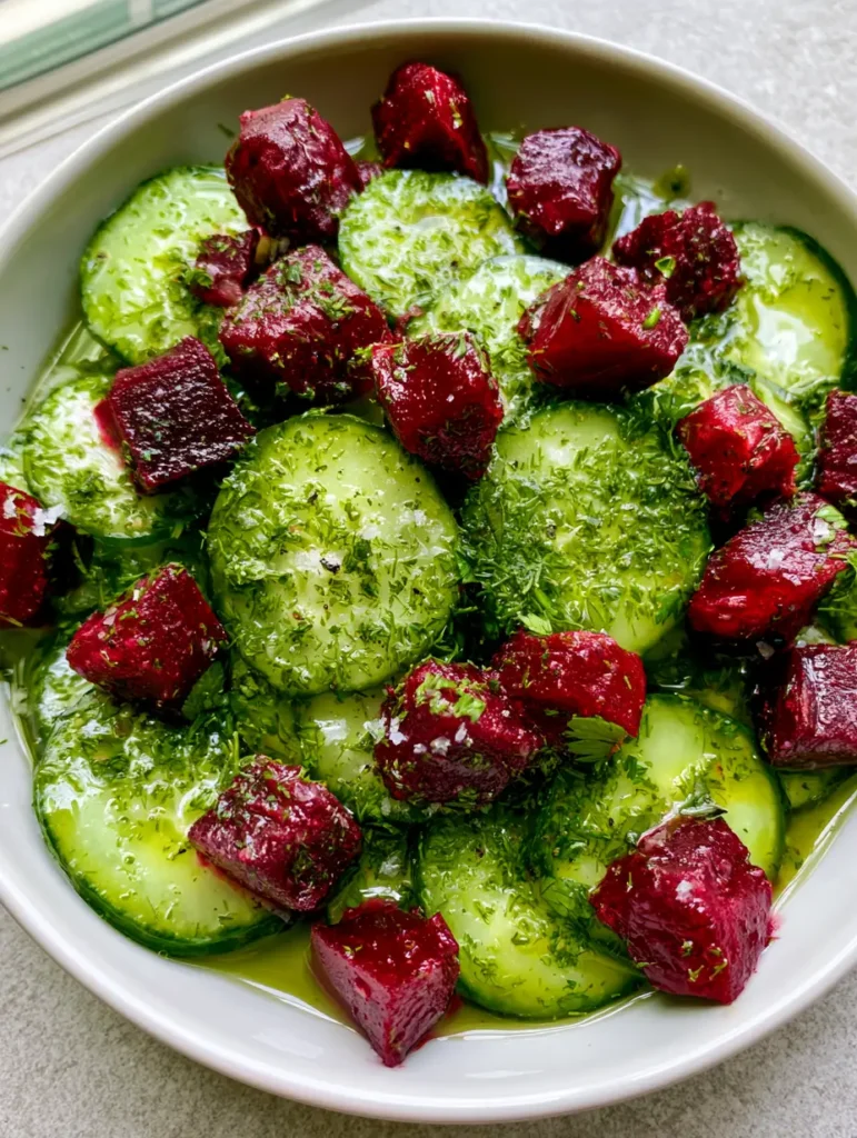 Cucumber Beetroot Salad with a Translucent Green Herb Vinaigrette 1 Detail shot of the translucent green herb dressing pooling on a Cucumber Beetroot Salad.