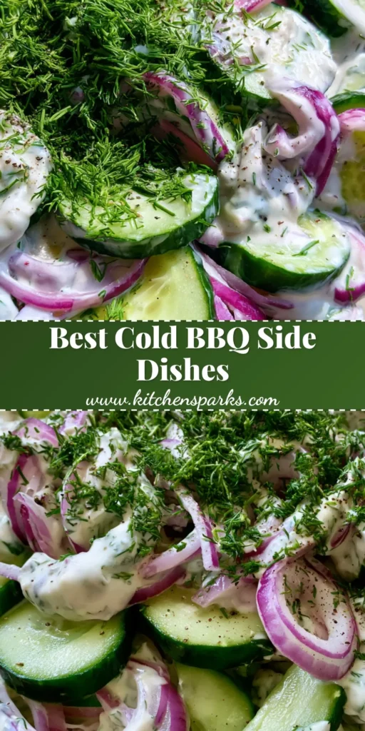 A clear glass bowl filled with creamy cucumber and onion salad, a staple for Cold BBQ Side Dishes, featuring thick-cut cucumbers and fresh dill.