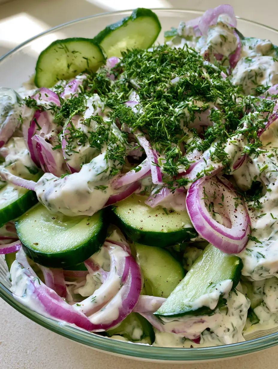 Close-up of thick-cut cucumber slices and purple red onion rings in a thick white dressing, demonstrating perfect Cold BBQ Side Dishes textures.
