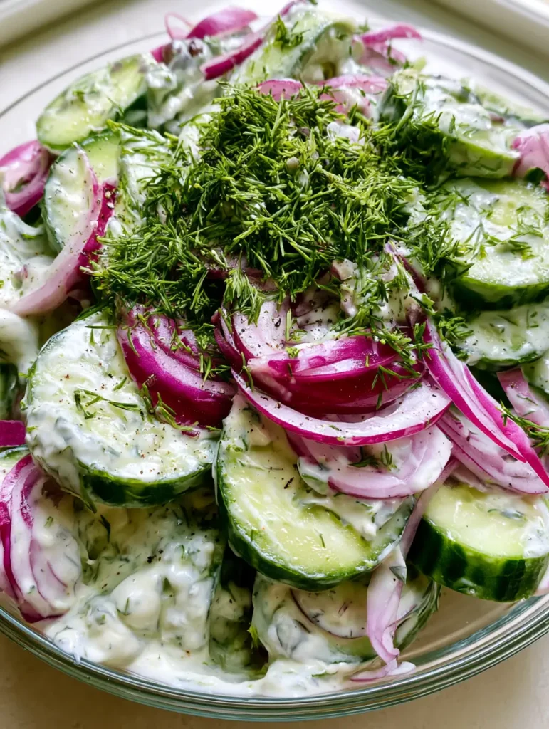 A high-angle shot of a clear glass bowl containing cucumber and onion salad topped with cracked black pepper and fresh dill.