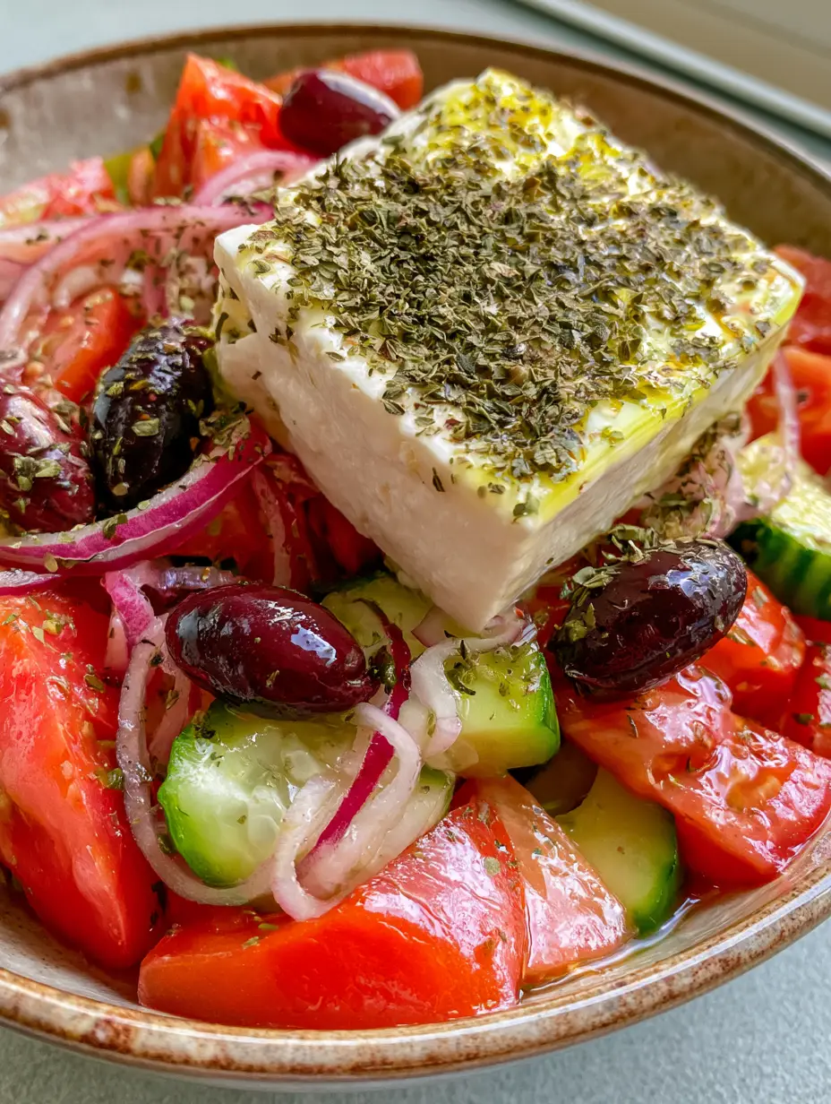 Smartphone photo of an Authentic Greek Horiatiki Salad in a rustic bowl with large tomato wedges, red onion rings, and a thick block of feta glistening with olive oil.