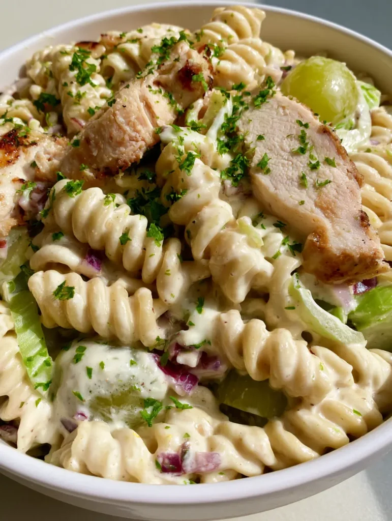 A white ceramic bowl filled with rotini pasta, roasted chicken, and fresh green grapes.
