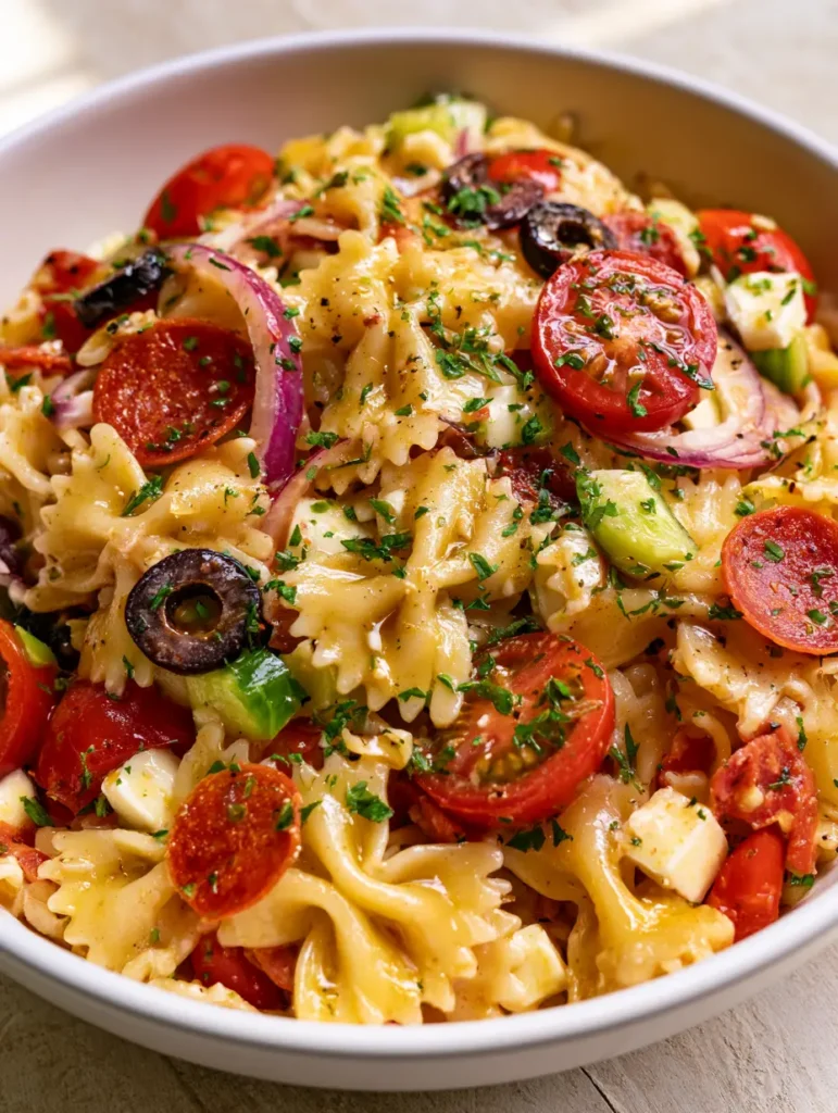 Close-up of al dente farfalle pasta coated in golden vinaigrette with cherry tomatoes and pepperoni. (Italian Bow Tie Pasta Salad)
