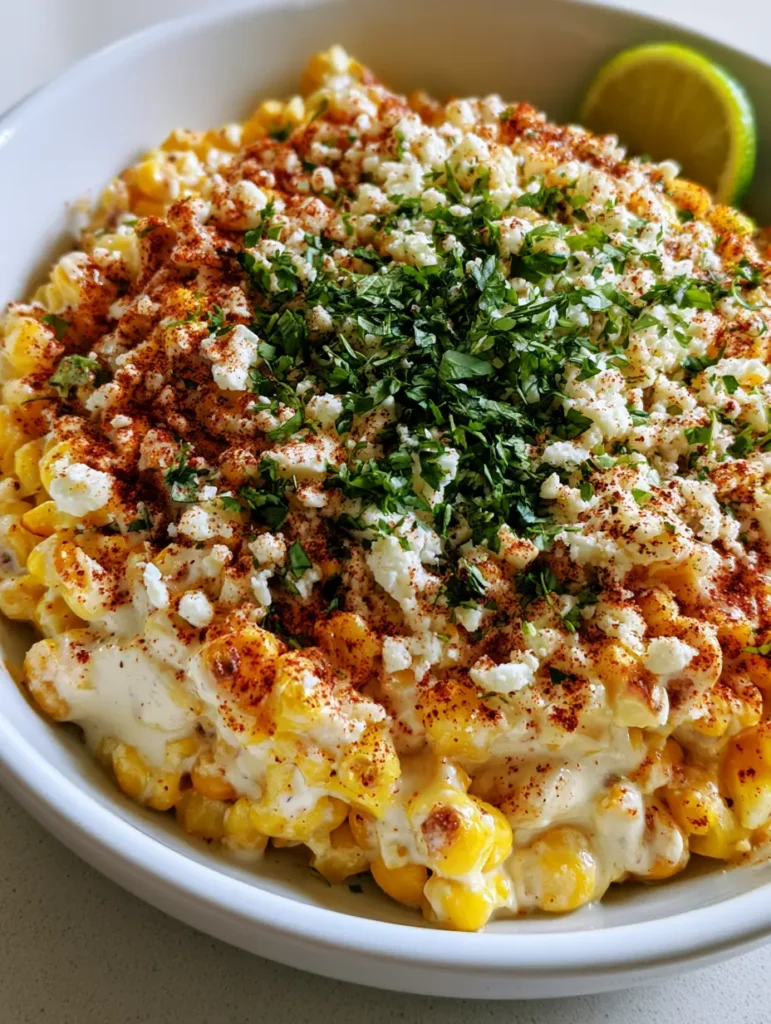 A handheld smartphone photo of a white shallow bowl containing Mexican street corn salad with seared kernels and cotija cheese. (Mexican Street Corn Recipe)