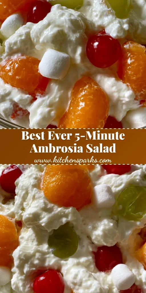 A clear glass bowl filled with classic Ambrosia Fruit Salad on a light wood surface, featuring whipped cream, mandarins, and cherries. (Ambrosia Fruit Salad)