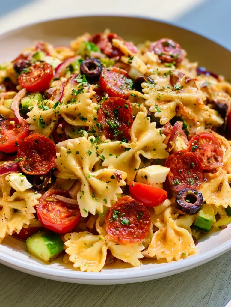Italian Bow Tie Pasta Salad featuring diced cucumbers, sliced black olives, and cubed mozzarella in a ceramic bowl.