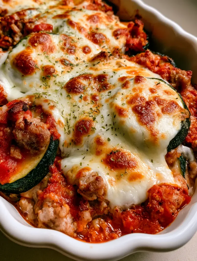 Slices of dark green zucchini layered with seared ground turkey and chunky red sauce.