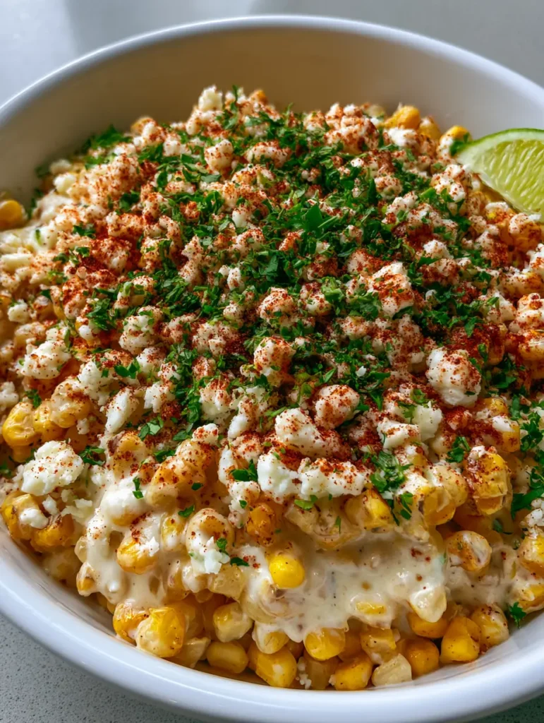 Top-down view of Mexican street corn salad with heavy cilantro sprinkle and chili powder dusting.