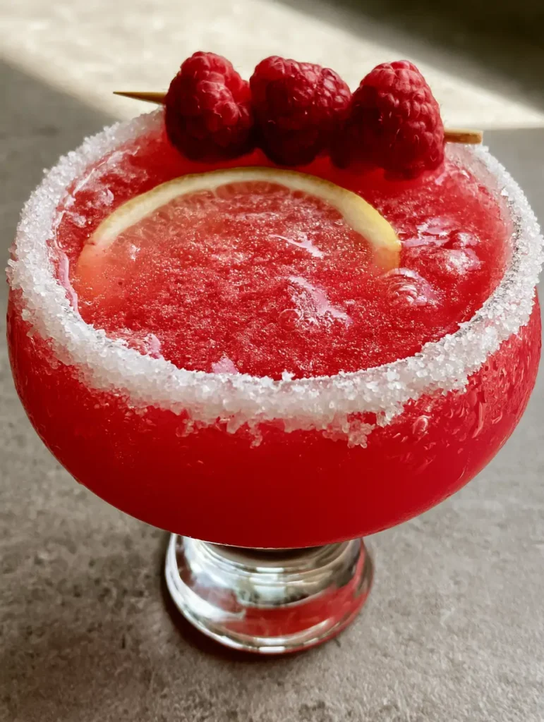 Close up of the granulated sugar rim and horizontal raspberry skewer garnish on a Raspberry Lemon Drop Cocktail.