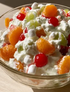 Overhead smartphone photo of Ambrosia Fruit Salad in a glass bowl with mandarin segments and fluffy marshmallows. (Ambrosia Fruit Salad)