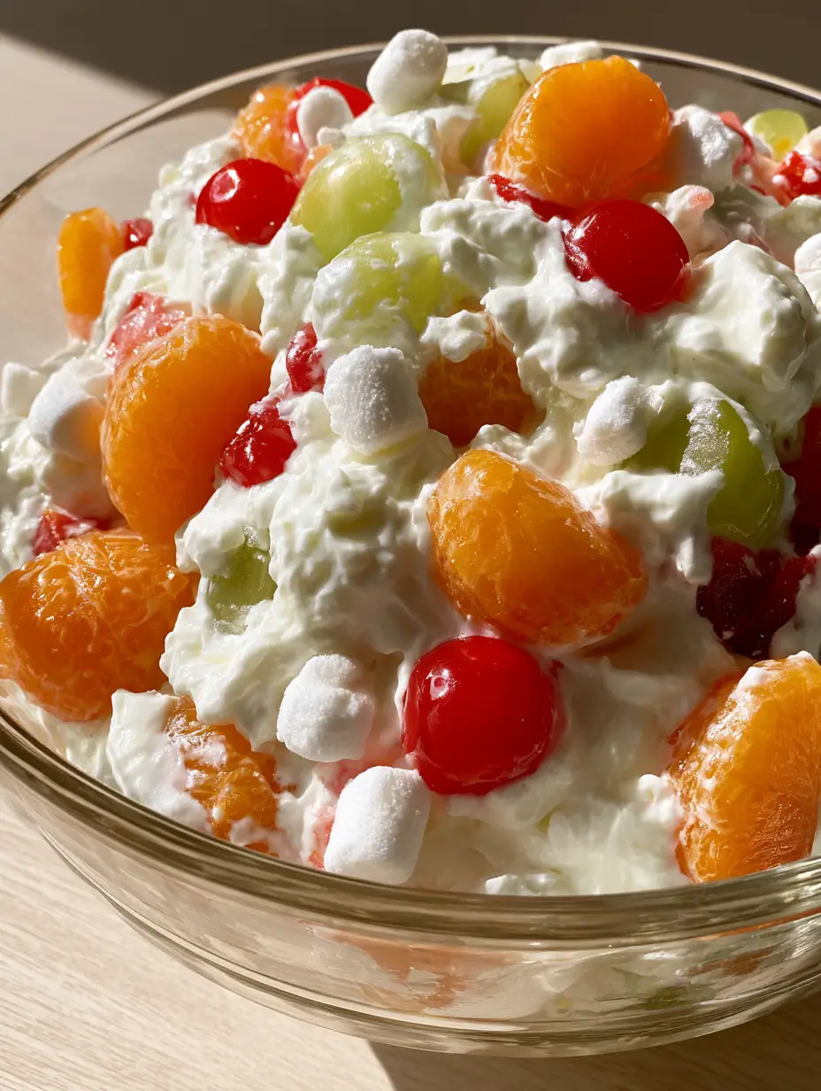 Overhead smartphone photo of Ambrosia Fruit Salad in a glass bowl with mandarin segments and fluffy marshmallows. (Ambrosia Fruit Salad)
