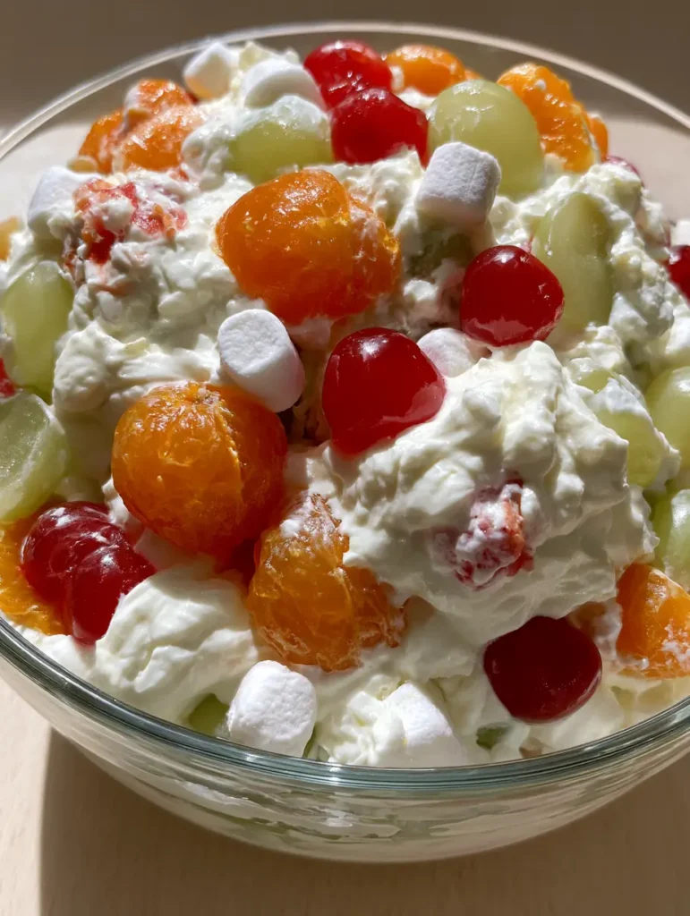Close up of red maraschino cherries and green grapes partially submerged in white Ambrosia Fruit Salad dressing. (Ambrosia Fruit Salad)