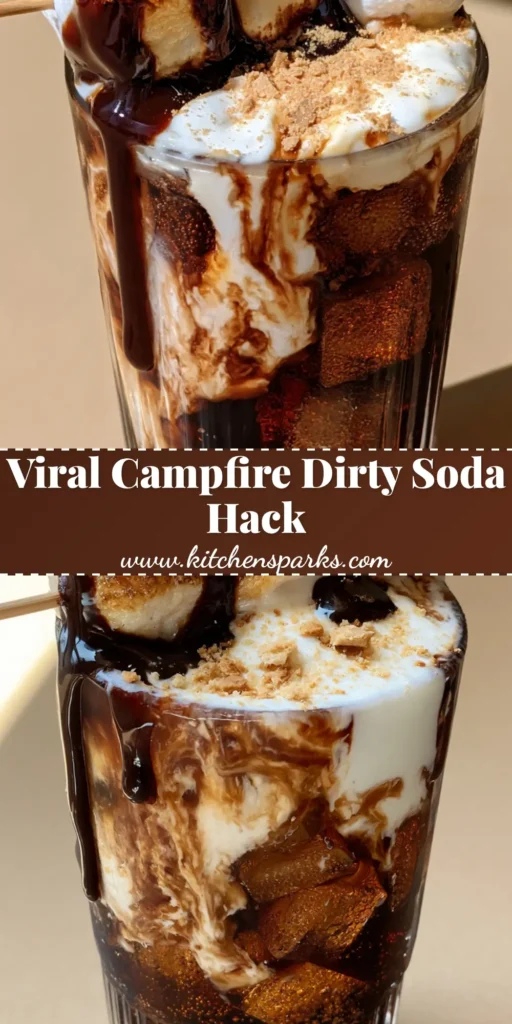 A handheld smartphone photo of a Campfire Dirty Soda in a tall ribbed glass featuring charred marshmallows and a chocolate drizzle.