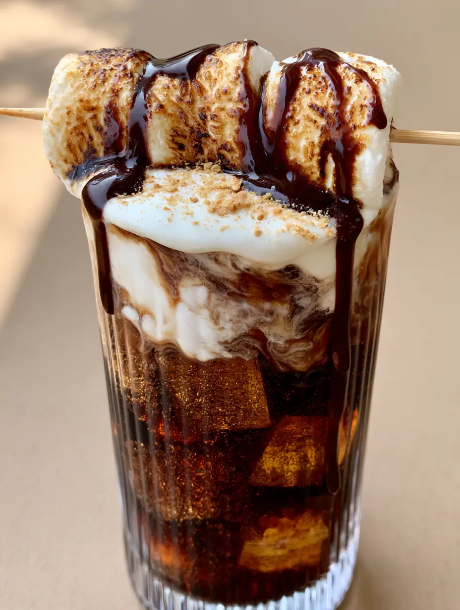 Close up of a Campfire Dirty Soda with cream swirling into dark cola and square ice cubes.