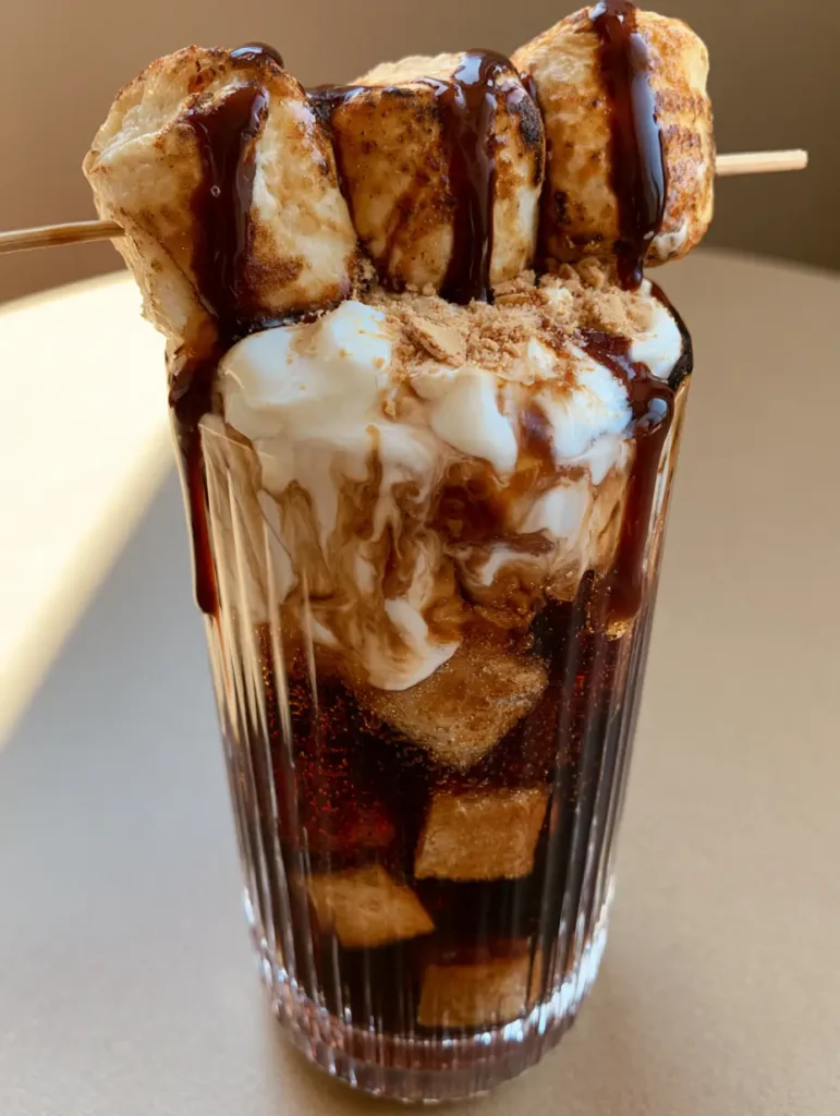Top down view of charred marshmallows and graham cracker crumbs on a Campfire Dirty Soda.