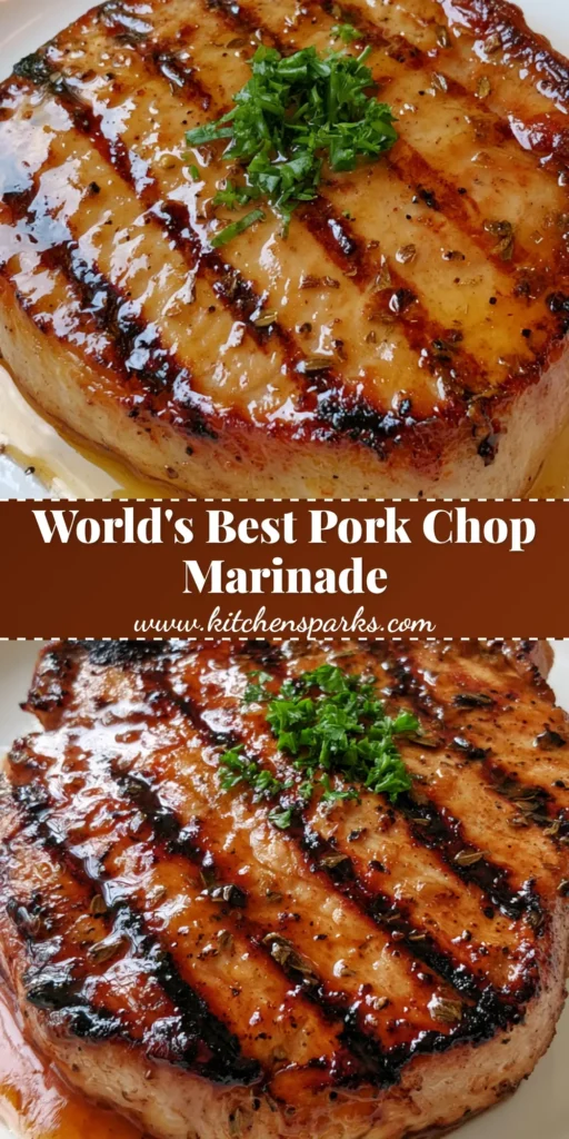 A thick bone-in grilled pork chop with diagonal grill marks and a glossy amber honey glaze, topped with fresh parsley on a white plate. (Grilled Pork Chop Marinade)