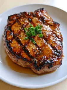 A juicy grilled pork chop showing deep char marks and a translucent amber glaze with oregano and pepper flecks. (Grilled Pork Chop Marinade)