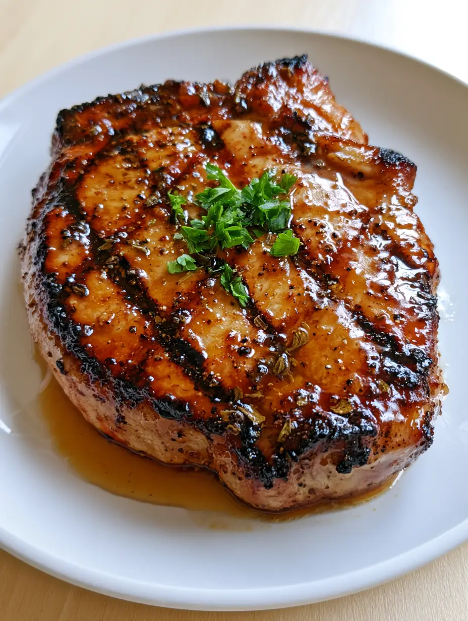 A juicy grilled pork chop showing deep char marks and a translucent amber glaze with oregano and pepper flecks. (Grilled Pork Chop Marinade)