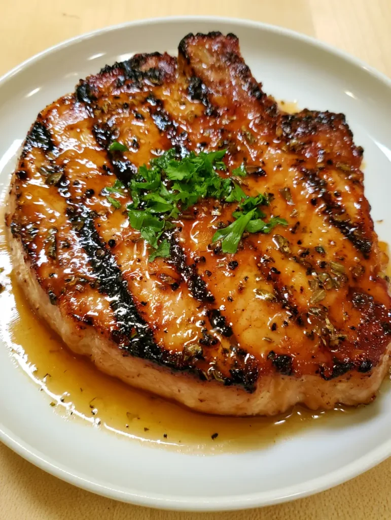 Close up of a grilled pork chop with visible black pepper and dried oregano embedded in a honey-amber glaze.